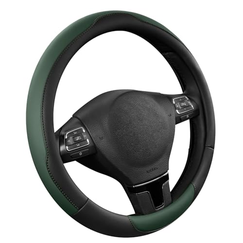 Road Comforts Steering Wheel Cover Breathable Anti-Slip Leather Steering Wheel Cover Universal Fit 14.515 Inch Comfortable Grip - Green Color