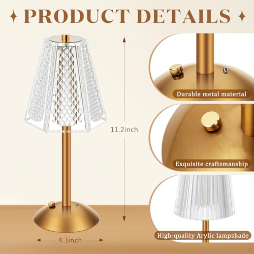 Image of Liliful 2 Pcs Cordless Table Lamp Rechargeable Touch LED Small Gold Portable Battery Operated USB-c Desk Lamp 3 Color Dimmable for Bedroom Living Room Dining (Gold,Hexagonal Diamond Style)