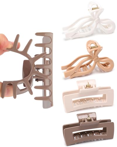 Lourny Silicone Hair Clips for Women, 4 PCS Non-Slip Strong Hold Flexible Cloud Claw Clips for Thin or Thick All-Day Comfort Large Bow Hair Clips(Light khaki+white+coffee)