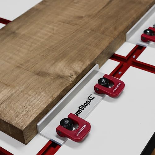 Image of Milescraft 4032 Cam Stops XL 2 Pack Quick Adjust T-Track Long Stops. Anodized, 5-7 /8 inch Long with Cam Lever. Low Profile for Boards 3 /4 inch or Thicker.