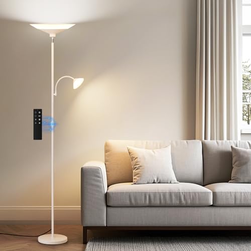 Image of SIBRILLE Upgraded 2-Light Torchiere Floor Lamp - 34W Color Changing Standing Lamp with Remote, Rotatable Floor Reading Light, Modern Standing Light with for Living Room Bedroom Office, White