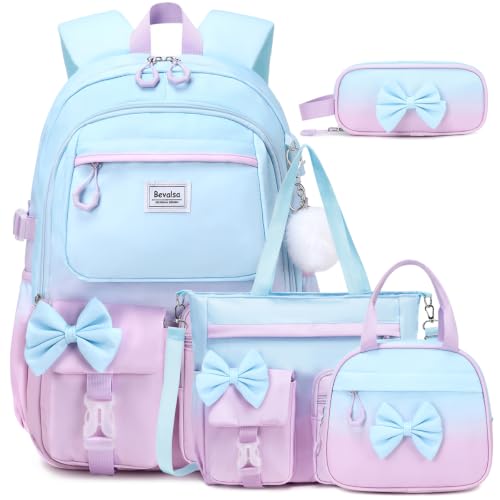 Bevalsa Girls Backpack Set with Lunch Bag, Pencil Case & Bow Tote Bag
