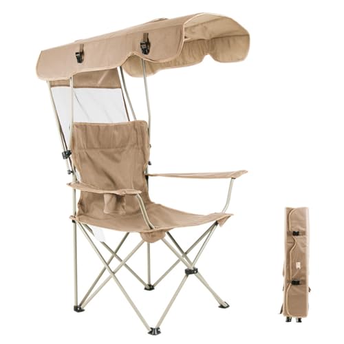 Akozon Portable Folding Chair with Canopy Shade Beach Camping Lawn Chair Heavy Duty Ox Fabric Reinforced Frame Cup Holder for Outdoor Activities