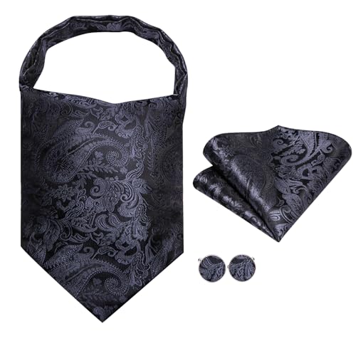 Image of Hi-Tie Silk Ascot for Men Self Tie Men's Cravat and Flower Lapel Pin Handkerchief Cufflinks Set for Wedding Party