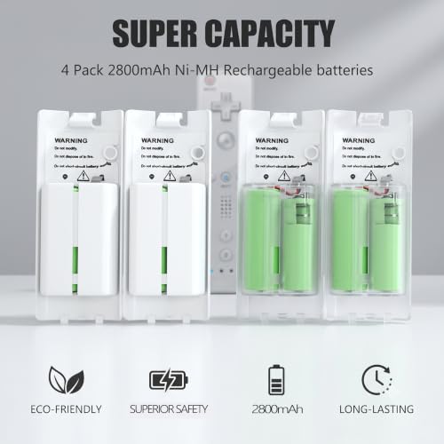 Image of 4-in-1 Charging Station for Wii&Wii U Remote Controller,Charger with 4 Rechargeable Battery Packs (4 Port Charging Station+4 pcs 2800mAh Replacement Batteries+USB Cable),Remote Not Included