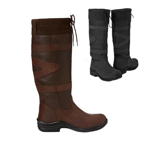 YUMALI Women Equestrian Boots Fashion Retro PU Leather Riding Long Boots Ladies Low Heel Tied Shoes for Beginner (Brown,38)