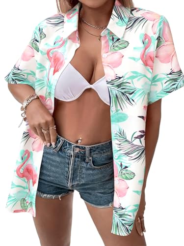 Image of ASTANFY Hawaiian Shirt Women Hawaii T-Shirt Tropical Floral Printed V Neck Shirts Soft Cool Summer Beach Button Up Blouse