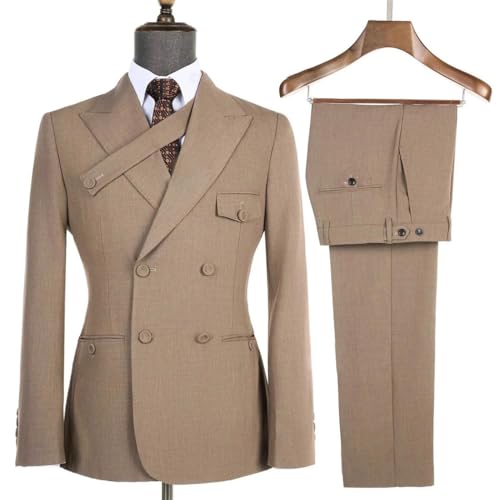 Men's Suits 2 Piece Set Brown Double Breasted Blazer & Pants Formal Wedding Party Business Attire2