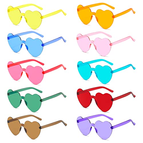 Aurasky 10 Pares Gafas de Sol Corazón, Gafas Hippie de Colores Retro, Gafas Corazón sin Montura, Gafas de Sol Divertidas para Fiesta Cumpleaños Carnaval Boda