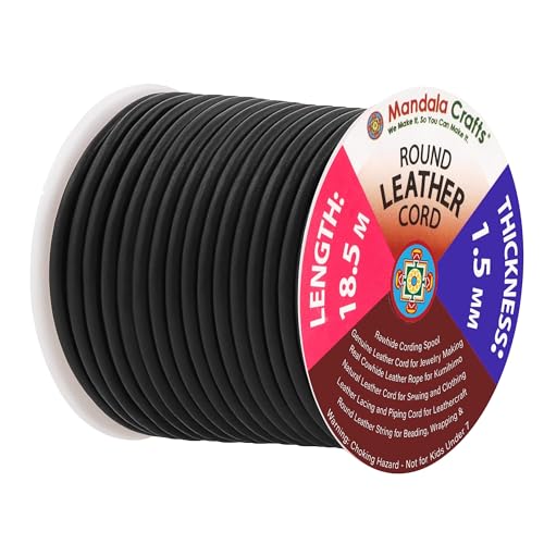 Mandala Crafts Round Cowhide Genuine Black Leather Cord for Jewelry Making Kumihimo Leather Rope Spool - Black 20 Yds 1.5mm Cording