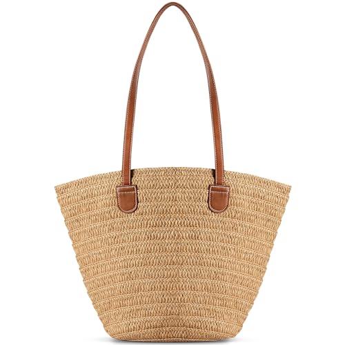 Image of Pleneal Straw Beach Bags for Women - Women Beach Handmade Woven Tote Bag, Summer Mesh Hollow Shoulder Bag for Holiday