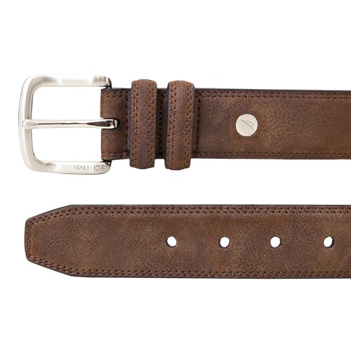 Image of Nautica Men's Casual Leather Belt | Everyday | Classic | Pants | Jeans | Khakis | Chinos | Metal Buckle