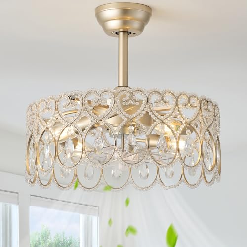 Image of SYDACG 20 inch Gold Crystal Fandelier Ceiling Fans with Lights, Gold Chandelier Ceiling Fan with Light Remote Control, Mid-Century Modern Caged 6 Speeds for Bedroom, Nursery, Foyer, Living Room