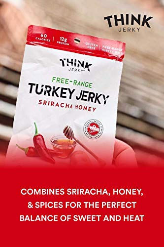 Sriracha Honey Turkey Jerky by Think Jerky — Delicious Chef Crafted Jerky — Free-Range Turkey With No Gluten or Antibiotics Added — Healthy Protein Snack Low in Calories and Fat — 1 Ounce (8 Pack)