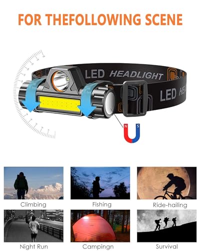 2000 mAh Rechargeable Headlamp Flashlight 2-Pack, COB&LED Headlamps, Adjustable Angle 90°, IPX4 Waterproof, 400 Lumens, 18650 Battery, Continuous Lighting 8-12 Hours for Outdoor, Camping, Runninglamp