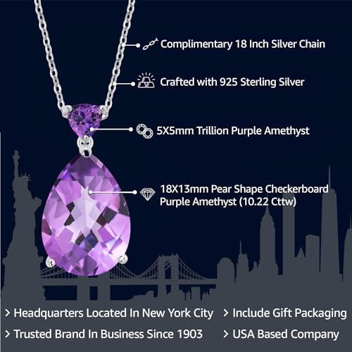 Gem Stone King 10.22 Cttw Purple Amethyst Pendant Necklace For Women | 925 Sterling Silver | Gemstone Birthstone | Pear Shape Checkerboard 18X13MM | With 18 Inch Chain2