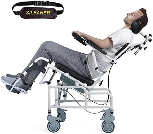 Tilt-in-Space Reclining Shower Commode Wheelchair for Adults,4-in-1 Shampoo Chair with 45° Reclining and Headrest Toilet Bathroom Wheelchair for Elder, Disabled People