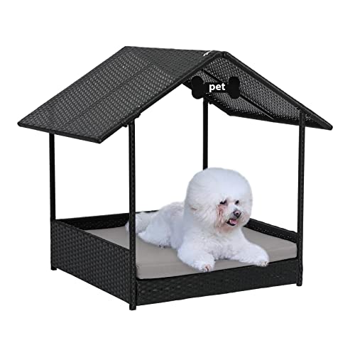 Scurrty 34'' Dog House Outdoor Large Wicker Dog Sofa Chiar Bed Furniture Style Raised Rattan Bed Rattan Dog Sofa for Indoor/Outdoor with Water Resistant Cushion Cover