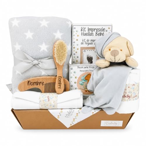 Mababyshop Canastilla Bebé Bambú, Set Regalo Recién Nacido con Dou dou Bambú, Manta Arrullo, Cepillo y Peine Personalizados, Discos de Hitos y Muselina (Gris)