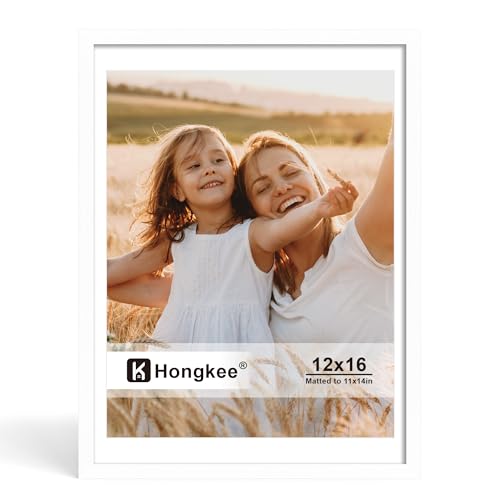 Hongkee 12x16 Picture Frame Made of Solid Wood with Real Glass Display Pictures 11x14 with Mat or 12 x 16 without Mat - Wall and Tabletop (White 1 Pack)