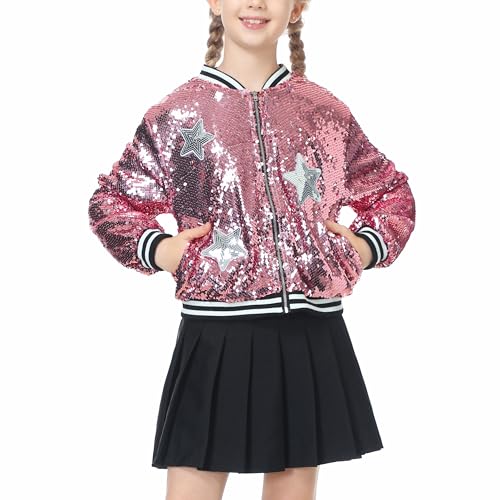 Image of LOLANTA Girls Sequin Jacket, Long Sleeve Kids Bomber Coats with Pockets, Spring Fall Outfits for 4-15 Years