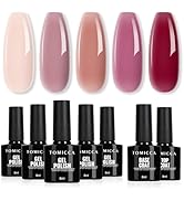 TOMICCA Lot de 5 vernis à ongles UV avec base &amp; No Wipe Top Coat, Nude Prune...