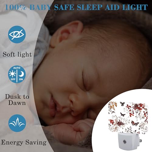 Image of Vintage Wildflower Plants Night Light Plug into Wall, Butterfly Night Light with Dusk to Dawn Sensor for Kid Girls Boys Women Men Room, Hallway, Kitchen, Bathroom, Stairs Decor