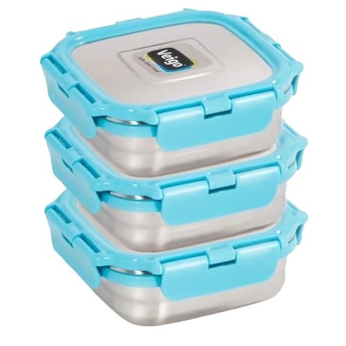 Image of Veigo Original Set Pack of 3 Stainless Steel Airtight & Leakproof Medium Lunch Box with Silicon Ring & Polymer Frame for Re-Heating|Safe Lid Lock|Square (330ML) Aqua Blue