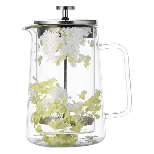 Kelisdi Cafetera aislada de doble pared de 650 ml para bebidas frías y calientes, cafetera de flores secas, prensa de vidrio y metal de alta calidad