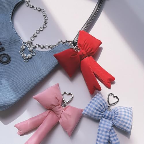 Image of Pink Bow Keychain Bag Charms Y2K Bowknot Plaid Keychains Coquette Aesthetic Purse Handbag Backpacks Charms (Red)