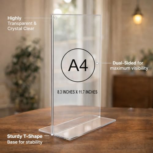 Image of Clear Acrylic Sign Holder, A4 Size (8.3 x 11.7 inches), Double-Sided Display Stand, Table Top (Double Sided)