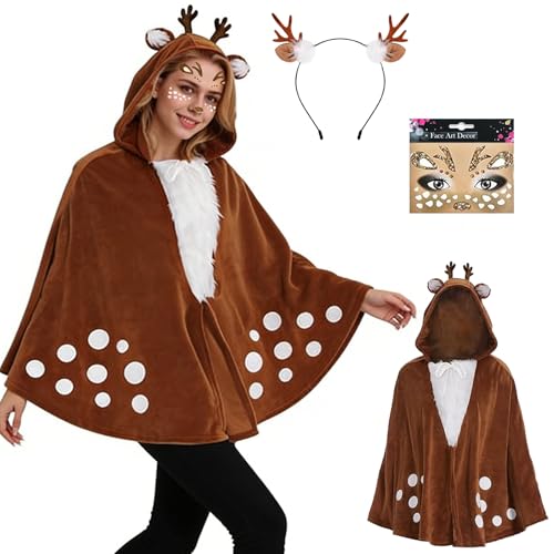 MINGJAY Déguisement Renne Femme,3 Pièces Costume de Renne avec Capuche,Serre Tete Rennes,Costumes Rennes Tenues pour Femmes,Decoration Visage Cerf,pour...
