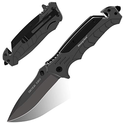 Navaja Plegable Morpilot Cuchillo de Acero Inoxidable con Punta Rompevidrio y Cutter Cinturón Cuchillo Plegable con Mango Acero Inoxidable para Acampar, Picnic, Caza