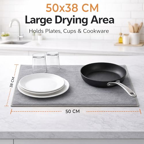 Image of Cutting EDGE Microfiber Dish Drying Mat - Water Absorbent & Reversible for Kitchen Utensils, Counter Top, Sink (Pack of 1, Grey Color, Plain-Design)