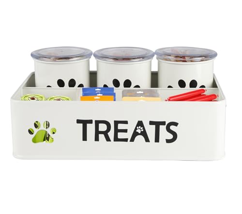 Ctomche Dog Treat Container Set of 3,Dog Treat Storage Jars Airtight Lid,Durable Metal Pet Food Container,Cat Treats Storage,Dog Biscuit Tins Snack Staton for Stick/Pet Food/Packaged Snacks-White