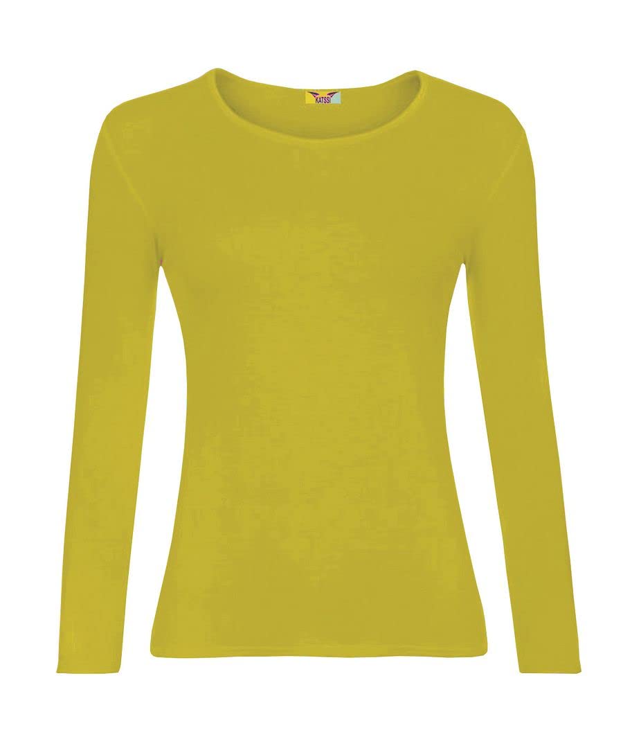 KATSSI Women’s Ladies Long Sleeve Stretch Plain Round Scoop Neck T Shirt Top SM Yellow