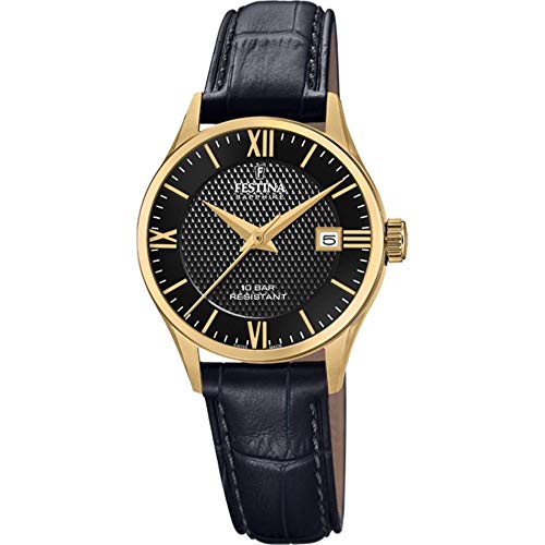 Festina Swiss Made Reloj Mujer Analógico de Cuero Negro - Movimiento de Cuarzo - Cristal Zafiro - Resistente al Agua 10 ATM - Elegante, Clásico y Vintage - Calendario F20011/4 - Classic Leather