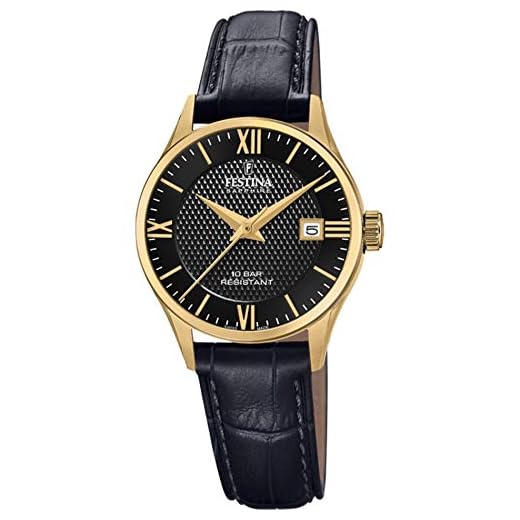 Festina Swiss Made Montre Femme Analogique Cuir Noir - Mouvement Quartz - Verre Saphir - Étanche 10 ATM - Élégante, Classique et Vintage - Calendrier F20011/4 - Classic Leather