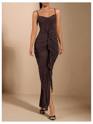 Image of Floerns Women's Ruffle Ruched Cami Dress Draped Split Elegant Bodycon Maxi Dresses