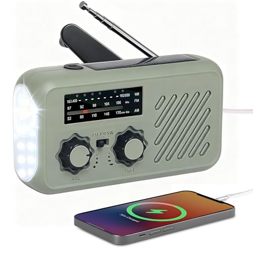 Linterna Solar Recargable con Radio, FM/Am Radio de Emergencia Portátil, Radio Solar de Emergencia con Manivela con LED 2000mAh Powerbank SOS Alarma USB para Camping al Aire Libre Kit Supervivencia