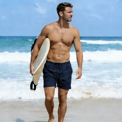 Image of Men's Swim Trunks with Compression Liner, Quick Dry Hawaiian Swimwear Bathing Suit Drawstring Board Shorts