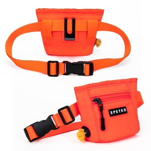 EPETKO Leckerlibeutel für Hunde mit Metall-Gürtelclip, Leistungsstarke Magnetverschluss Gerät Beutel Leckerli Hund Gürtel, Große Kapazität Hund Leckerli Tasche Beutel mit Poop Bag Dispenser (Orange)
