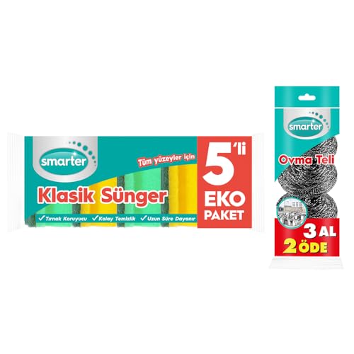 Klasik Bulaşık Süngeri 5'li+Ovma Teli 3'lü
