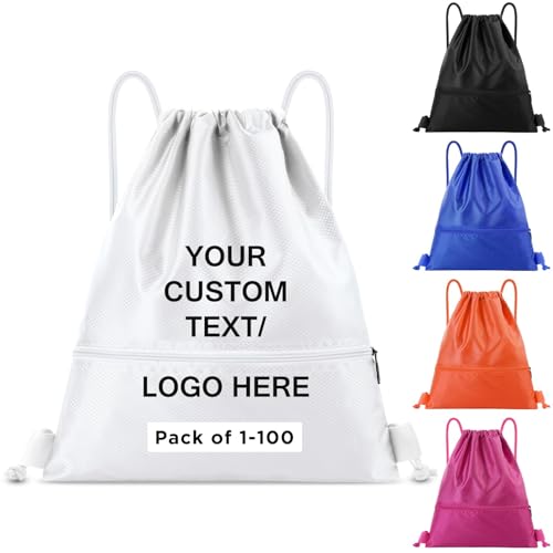 Custom Drawstring Bags Bulk With Logo, 1 Pack Personalized Text String Backpack with Zip Pocket for Gym, Sports, Events, Travel and Daily Use,White