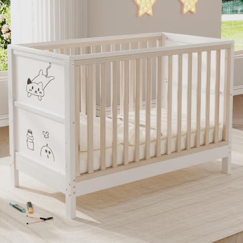 Merax Babybett 120 x 60 cm aus Massivholz, 3-Fach höhenverstellbares Gitterbett, Umbaubar zum Beistellbett Baby und zur Kindercouch, Baby Crib mit Bemalbaren Tafeln, EN 716 geprüft