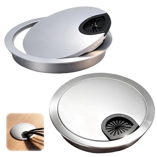 2er Set Kabeldurchführungen Ø60mm aus Metall für Schreibtische und Möbel Perfekte Organisation für Büro und Zuhause Elegantes Design mit Bürsten- und Gummieinsatz Silberfarben