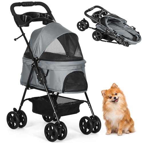 PawHut Passeggino per Cani Piccoli Pieghevole, Passeggino Leggero per Animali con Ruote Girevoli, Guinzaglio di Sicurezza e Cestino Portaoggetti, 67x45x96cm, Grigio