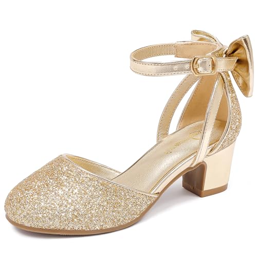 Image of Girls Heels Dress Shoes Flower Girl Pumps with Cute Bow Closed Toe | Princess Shoes,High Heels,Chunky Heel,Adjustable Buckles,Toddler,Little Girl,Big Kid,Wedding,Birthday Party,Formal,Pageant