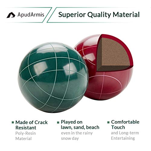 ApudArmis Bocce Balls Set, Regulation Size 100mm Bocce Game for Outdoor/Backyard/Lawn/Beach with 8 PCS 100% Resin Balls / 1 Pallino/Nylon Carrying Case/Measuring Rope (Red & Green)
