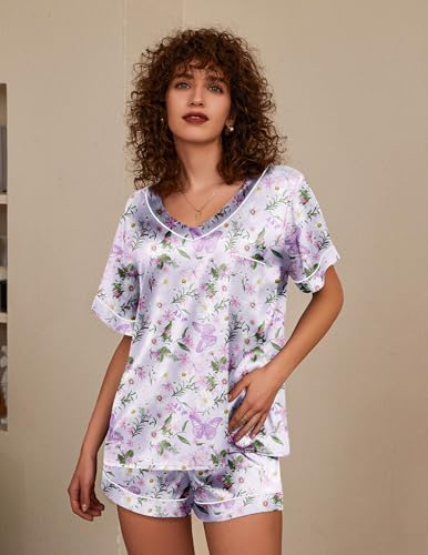 Image of Ekouaer Silk Pajama for Women Short Sleeve Satin Pj Set Two Piece Soft Sleepwear Loungewear S-XXL